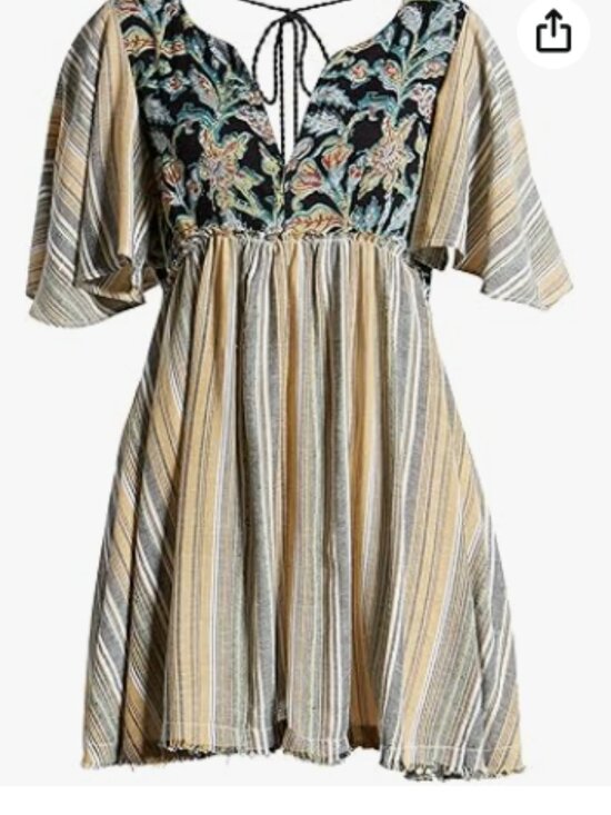 Free People Tops - Free People Striped Tunic Dress with Embroidered V-Neck — Black, Beige, Green